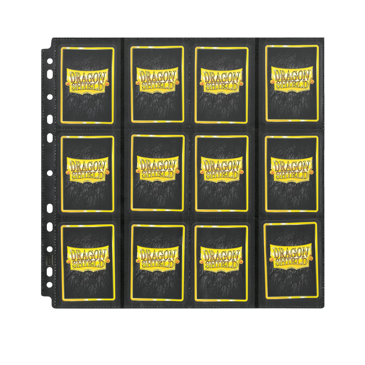 A black 24-pocket page protector for standard size cards. Brand: Dragon Shield, Item: 24 Pocket Pages - Non-Glare - Standard Size.