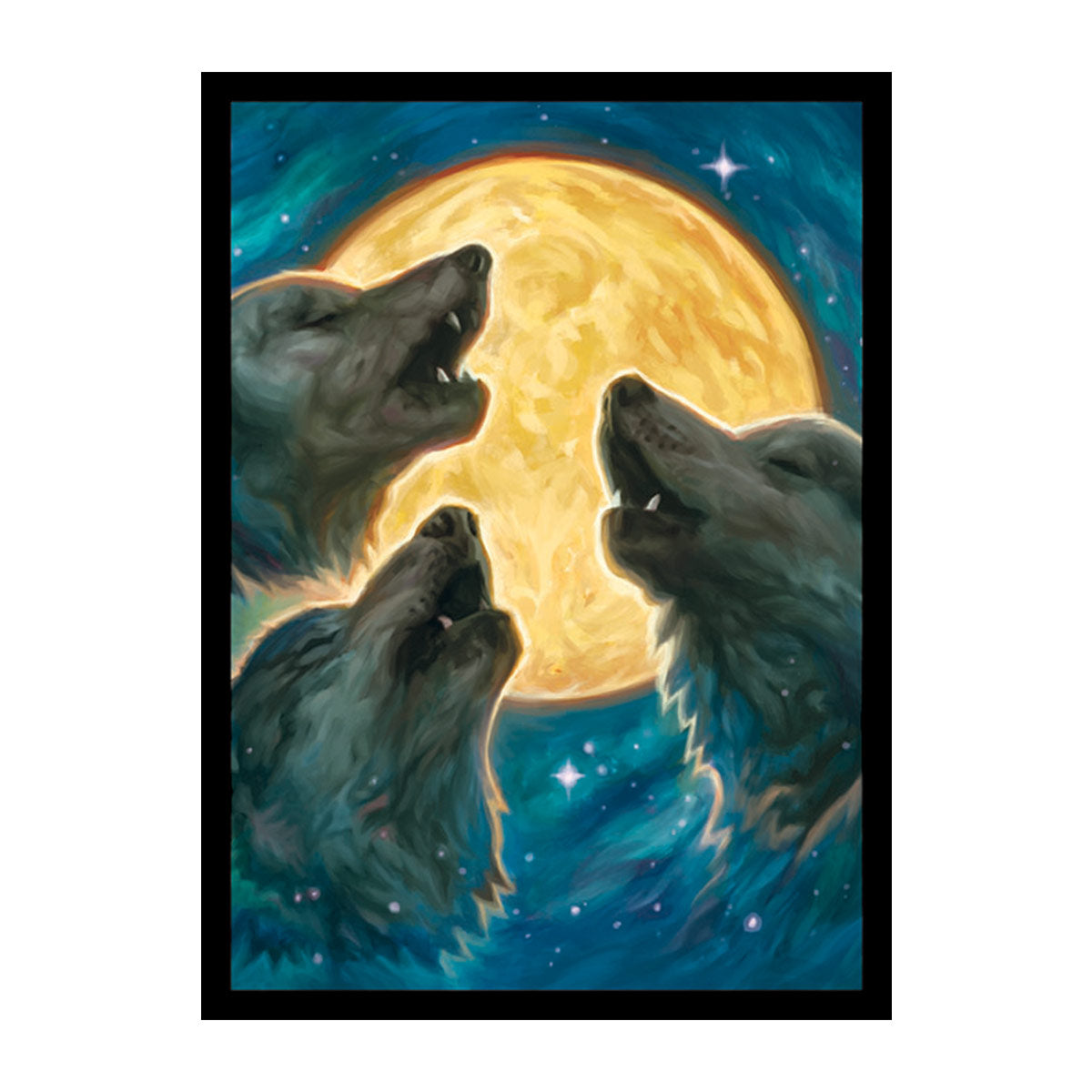 A dark blue and yellow illustration of three wolves howling at a large full moon. Brand: Legion Supplies, Item: 3 Wolf Moon Matte Sleeves.