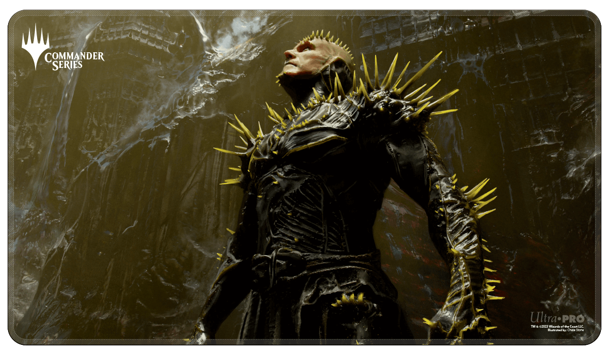 A dark, spiky K'rrik Mono Commander Series playmat. Brand: Ultra PRO, Item: Commander Series #1: Mono - K'rrik Stitched Standard Gaming Playmat for Magic: The Gathering