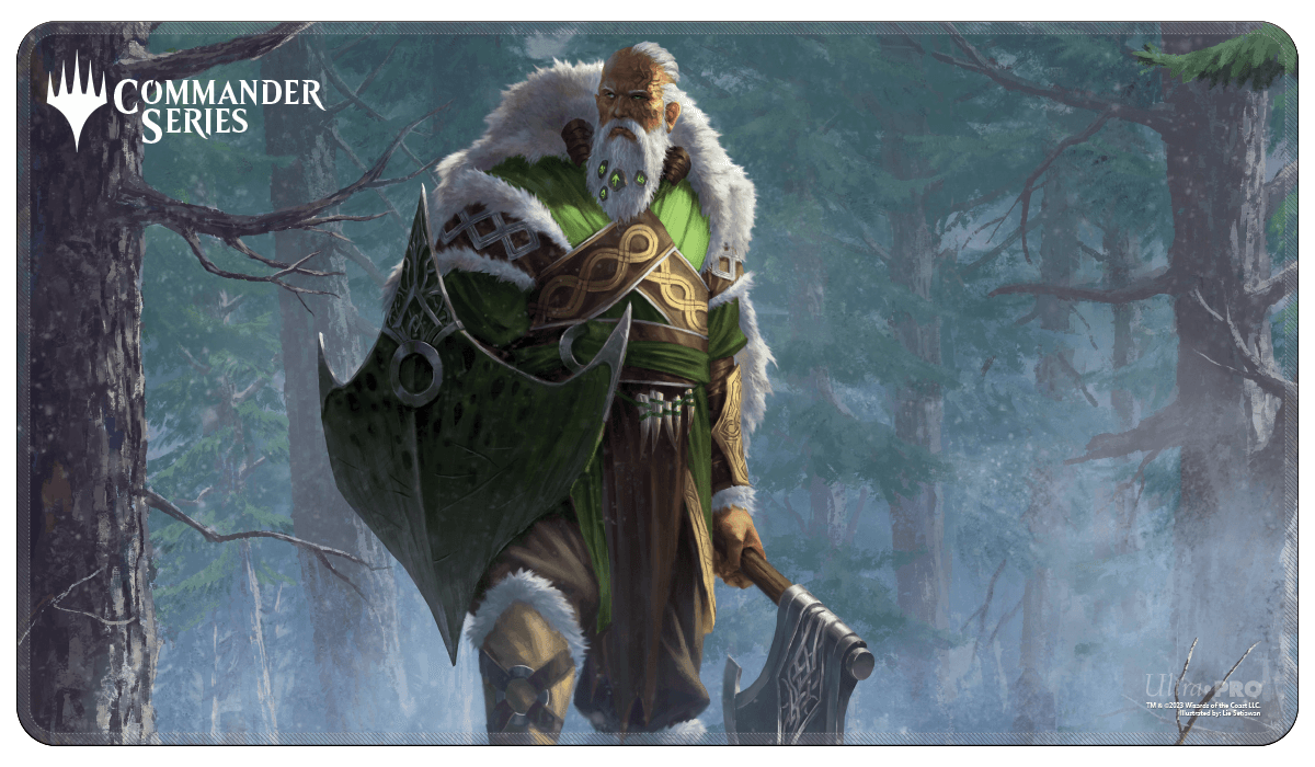 A green and brown Commander Series #1: Mono - Fynn Stitched Standard Gaming Playmat. Brand: Ultra PRO, Item: Commander Series #1: Mono - Fynn Stitched Standard Gaming Playmat for Magic: The Gathering