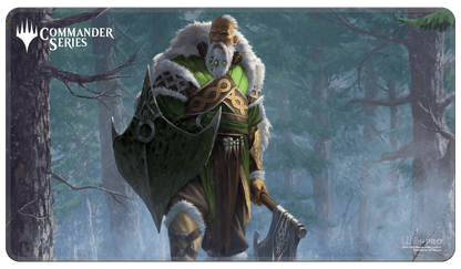 A green and brown Commander Series #1: Mono - Fynn Stitched Standard Gaming Playmat. Brand: Ultra PRO, Item: Commander Series #1: Mono - Fynn Stitched Standard Gaming Playmat for Magic: The Gathering