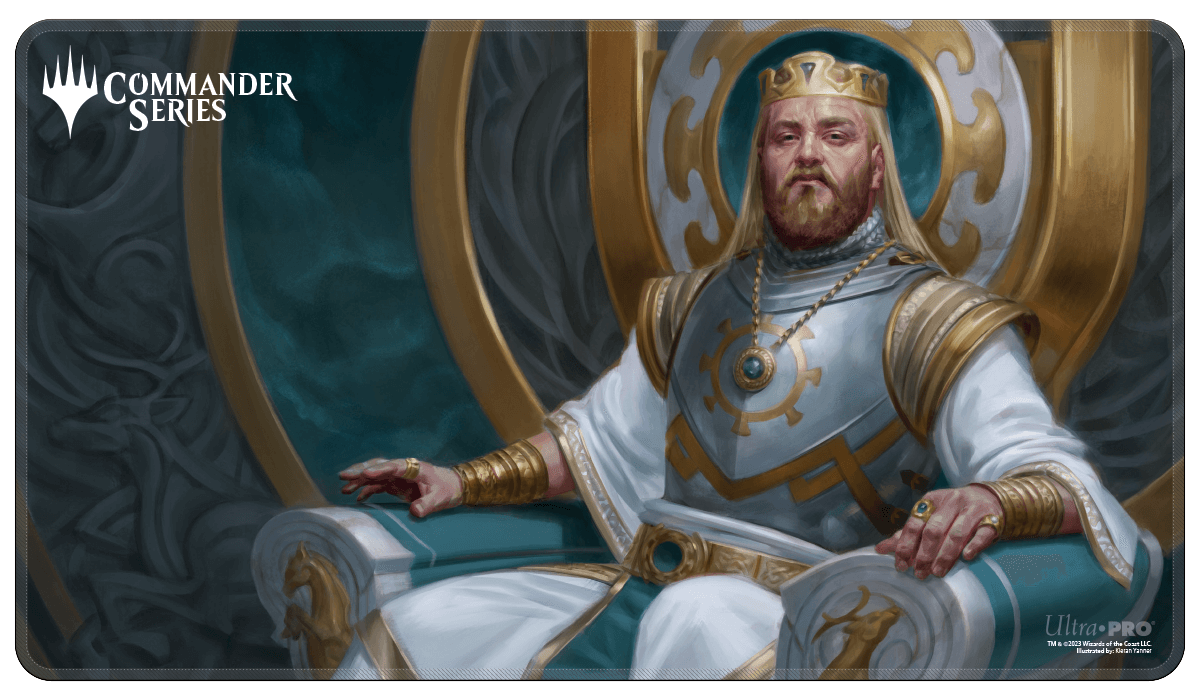 A regal king sitting on a throne, depicted on the Commander Series #1: Mono - Kenrith HOLOFOIL® Standard Gaming Playmat. Brand: Ultra PRO, Item: Commander Series #1: Mono - Kenrith HOLOFOIL® Standard Gaming Playmat for Magic: The Gathering