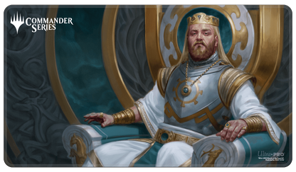 A regal king sitting on a throne, depicted on the Commander Series #1: Mono - Kenrith HOLOFOIL® Standard Gaming Playmat. Brand: Ultra PRO, Item: Commander Series #1: Mono - Kenrith HOLOFOIL® Standard Gaming Playmat for Magic: The Gathering