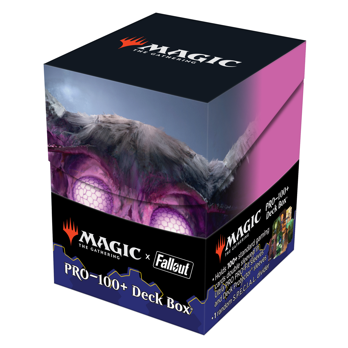 A black and purple Magic: The Gathering x Fallout PRO-100+ Deck Box featuring The Wise Mothman. Brand: Ultra PRO, Item: Fallout The Wise Mothman 100+ DECK BOX