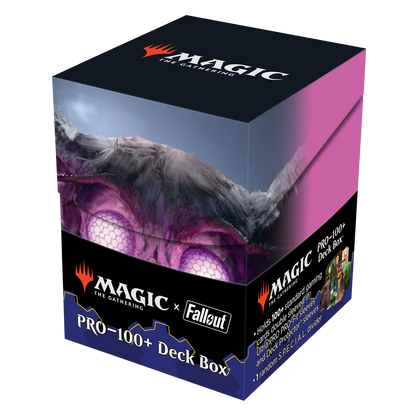 A black and purple Magic: The Gathering x Fallout PRO-100+ Deck Box featuring The Wise Mothman. Brand: Ultra PRO, Item: Fallout The Wise Mothman 100+ DECK BOX