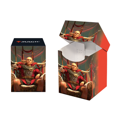 A red and black Magic: The Gathering deck box featuring Caesar, Legion's Emperor. Brand: Ultra PRO, Item: Fallout Caesar Legion's Emperor 100+ DECK BOX®