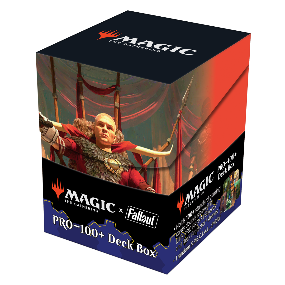 A black and red Magic: The Gathering x Fallout PRO-100+ Deck Box featuring Caesar, Legion's Emperor. Brand: Ultra PRO, Item: Fallout Caesar, Legion’s Emperor 100+ DECK BOX® for Magic: The Gathering