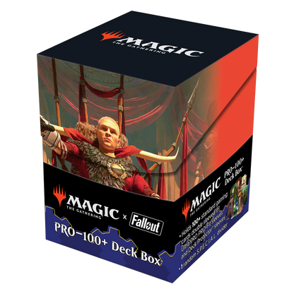 A black and red Magic: The Gathering x Fallout PRO-100+ Deck Box featuring Caesar, Legion's Emperor. Brand: Ultra PRO, Item: Fallout Caesar, Legion’s Emperor 100+ DECK BOX® for Magic: The Gathering