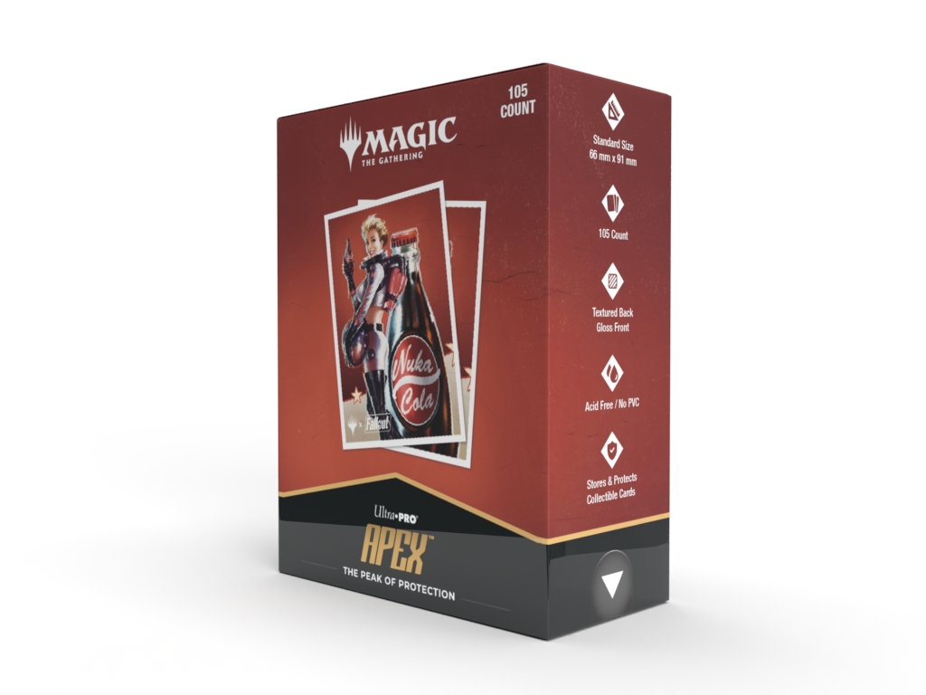 A red and black Magic: The Gathering deck box featuring Fallout Nuka-Cola art. Brand: Ultra-Pro, Item: Fallout Nuka-Cola Pinup 105ct APEX DECK PROTECTOR Sleeves.