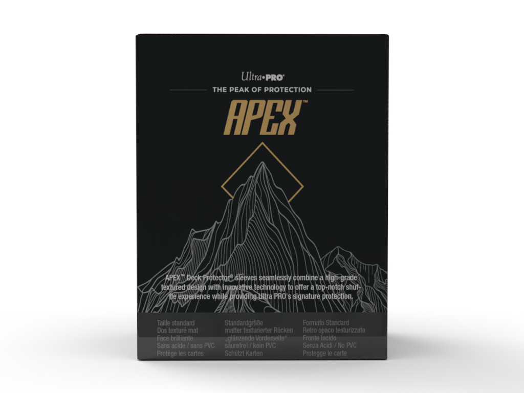 A black and gold Apex Deck Protector sleeves box. Brand: Ultra-Pro, Item: Apex Deck Protector Sleeves.