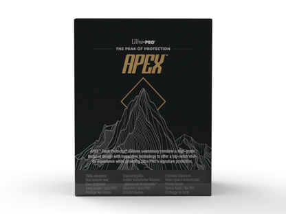 A black and gold Apex Deck Protector sleeves box. Brand: Ultra-Pro, Item: Apex Deck Protector Sleeves.