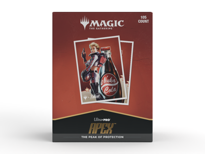 A red Magic: The Gathering APEX Deck Protector sleeves box featuring Fallout Nuka-Cola artwork. Brand: Ultra PRO, Item: Fallout Nuka-Cola Pinup 105ct APEX DECK PROTECTOR Sleeves.