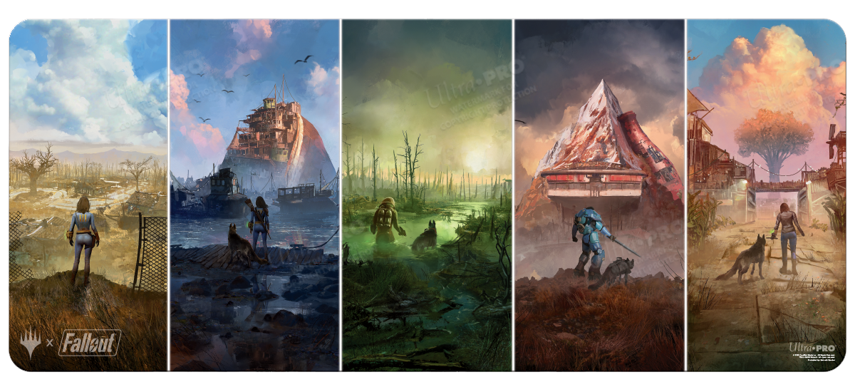 A Fallout Wasteland Basic Lands Medley 6ft Table Playmat. Brand: Ultra PRO, Item: Fallout® Wasteland Basic Lands Medley 6ft Table Playmat for Magic: The Gathering.