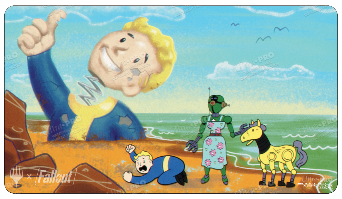 A Fallout Ravages of War Standard Gaming Playmat featuring Vault Boy in a humorous, broken state on a beach with a robot and a mechanical horse. Brand: Ultra PRO, Item: Fallout Ravages of War Standard Gaming Playmat for Magic: The Gathering.