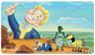 A Fallout Ravages of War Standard Gaming Playmat featuring Vault Boy in a humorous, broken state on a beach with a robot and a mechanical horse. Brand: Ultra PRO, Item: Fallout Ravages of War Standard Gaming Playmat for Magic: The Gathering.