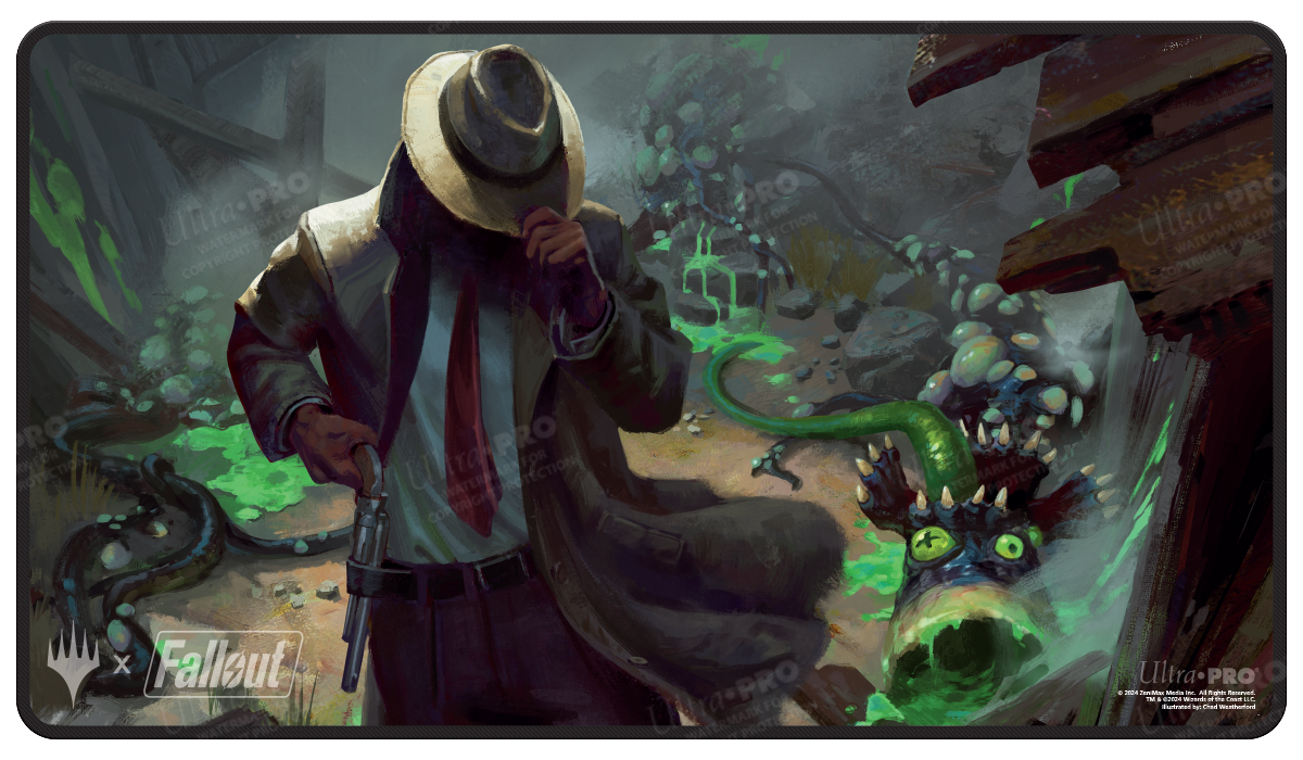 A Fallout Mysterious Stranger Black Stitched Standard Gaming Playmat. Brand: Ultra PRO, Item: Fallout Mysterious Stranger Playmat.