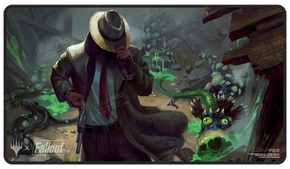 A Fallout Mysterious Stranger Black Stitched Standard Gaming Playmat. Brand: Ultra PRO, Item: Fallout Mysterious Stranger Playmat.