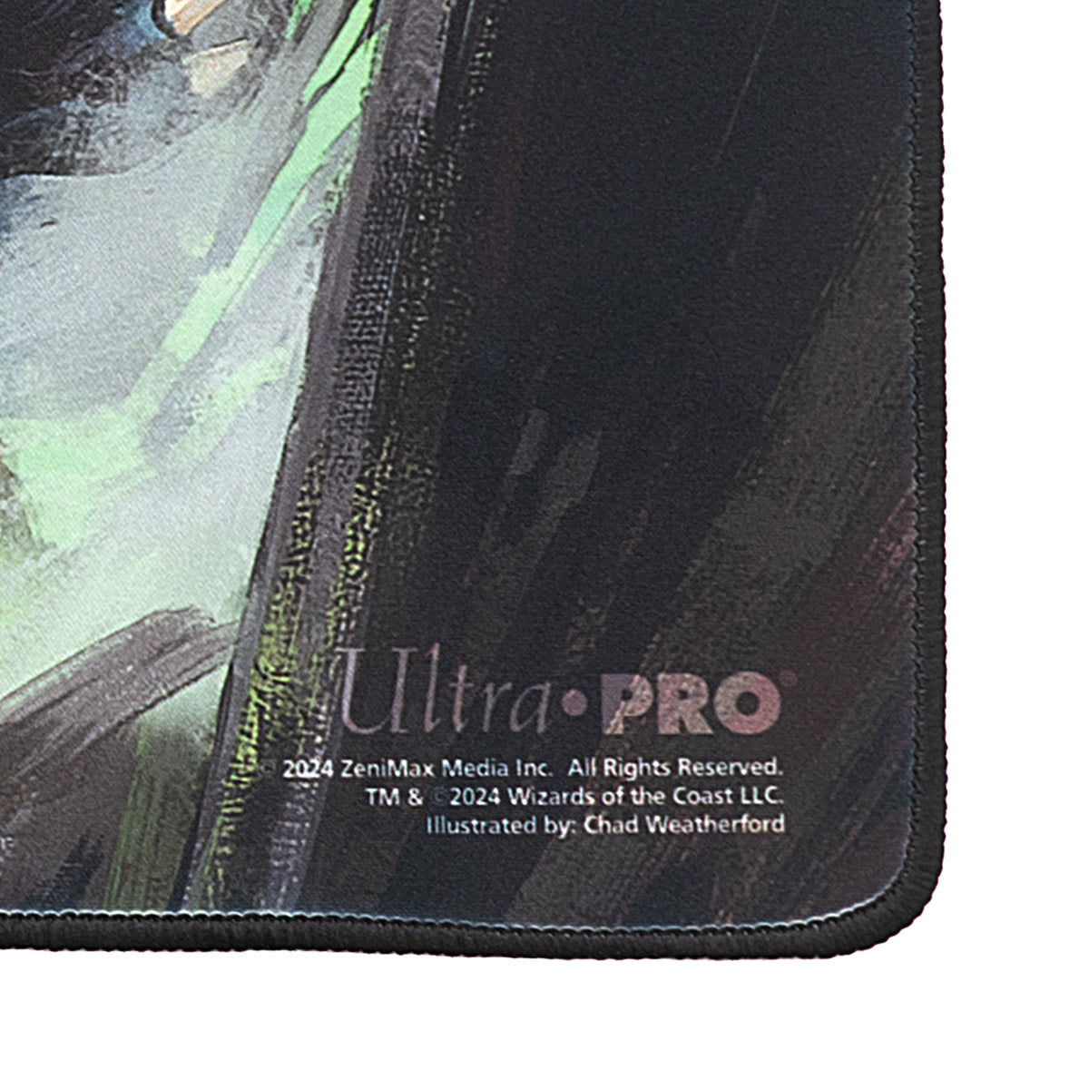 A black gaming playmat featuring the Fallout Mysterious Stranger artwork. Brand: Ultra-Pro, Item: Fallout Mysterious Stranger Black Stitched Standard Gaming Playmat for Magic: The Gathering.