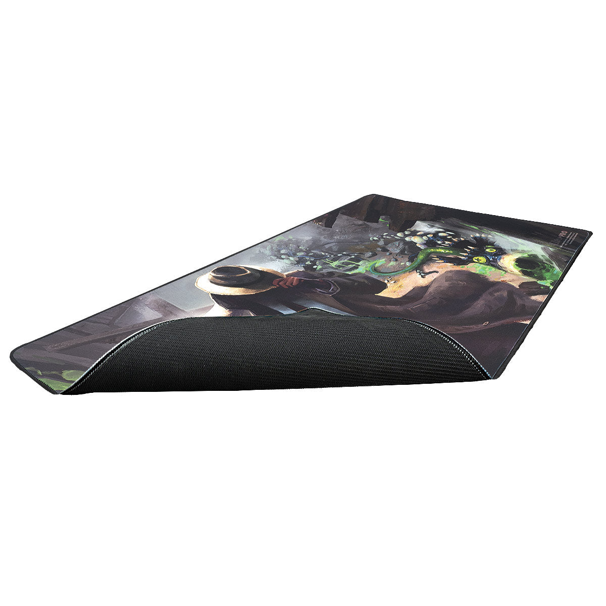 A black gaming playmat featuring the Mysterious Stranger from Fallout. Brand: Not specified, Item: Fallout Mysterious Stranger Playmat.