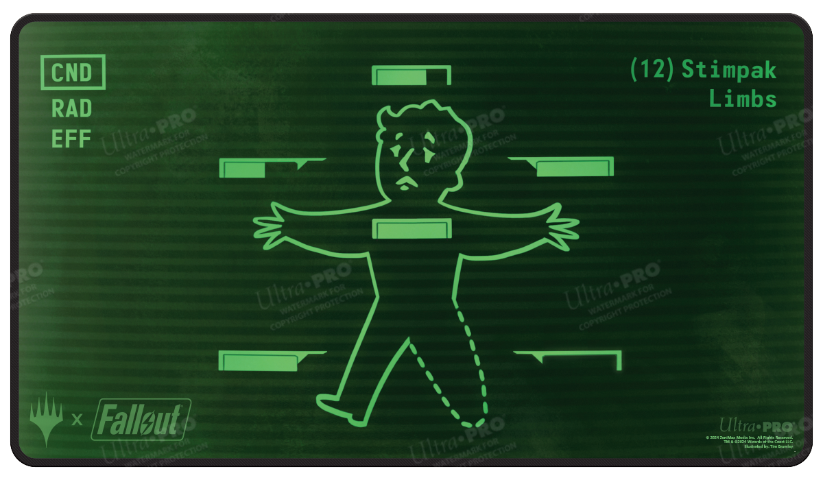 A green Fallout Inventory Management Playmat. Brand: Ultra PRO, Item: Fallout Inventory Management Black Stitched Standard Gaming Playmat for Magic: The Gathering