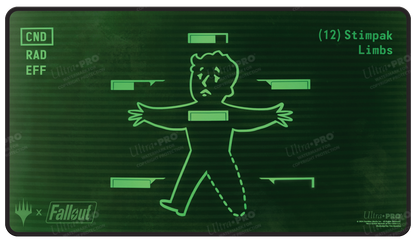 A green Fallout Inventory Management Playmat. Brand: Ultra PRO, Item: Fallout Inventory Management Black Stitched Standard Gaming Playmat for Magic: The Gathering