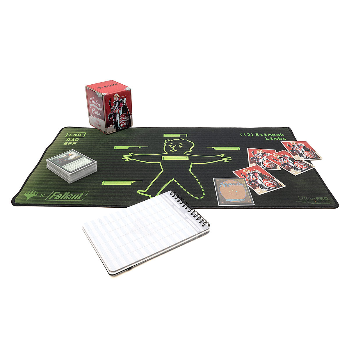 A black Fallout Inventory Management playmat with Vault Boy graphic. Brand: Ultra-Pro, Item: Fallout Inventory Management Black Stitched Standard Gaming Playmat for Magic: The Gathering