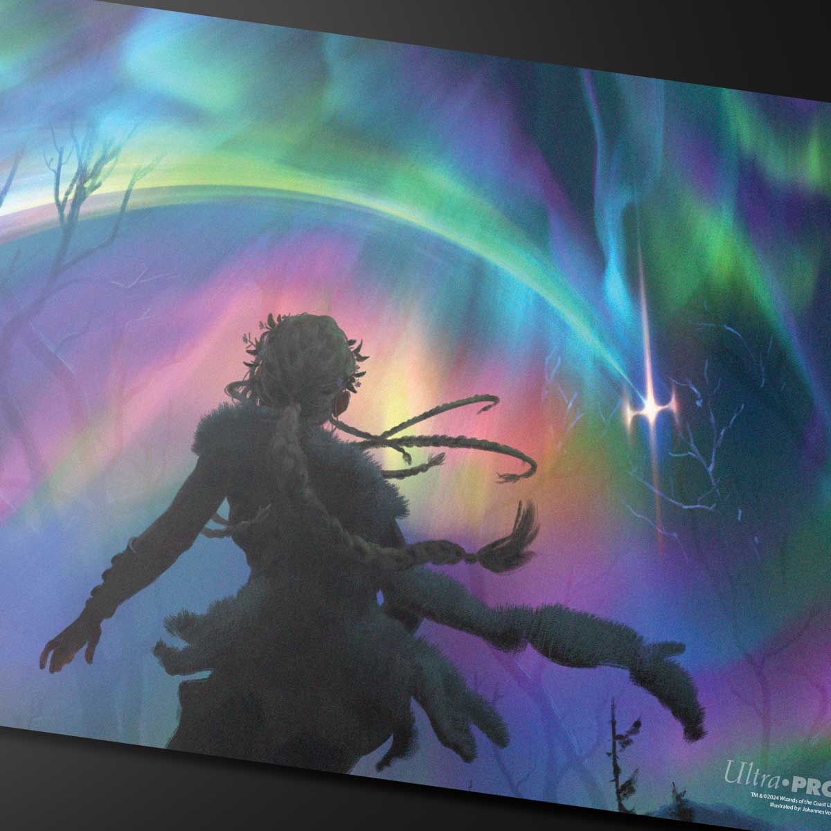 A vibrant, aurora-filled playmat featuring a silhouetted figure with braided hair, looking towards a glowing light in a forest. Brand: Ultra-Pro, Item: Commander Series #4 Shard - Esika Double-Sided Standard Gaming Playmat.