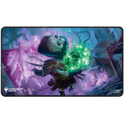 A black stitched playmat featuring the Magic: The Gathering character Tinybones from the Commander Series #4. Brand: Ultra PRO, Item: Commander Series #4 Shard - Tinybones (Fan-Voted) Black Stitched Playmat for Magic: The Gathering