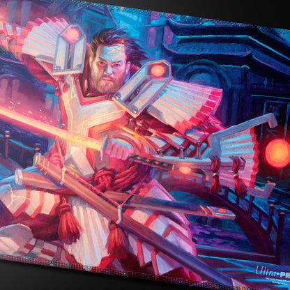 A white and red samurai warrior with a glowing sword, on a playmat. Brand: Ultra PRO, Item: Commander Series #5 - Three Color Wedge - Isshin Stitched Playmat for Magic: The Gathering.