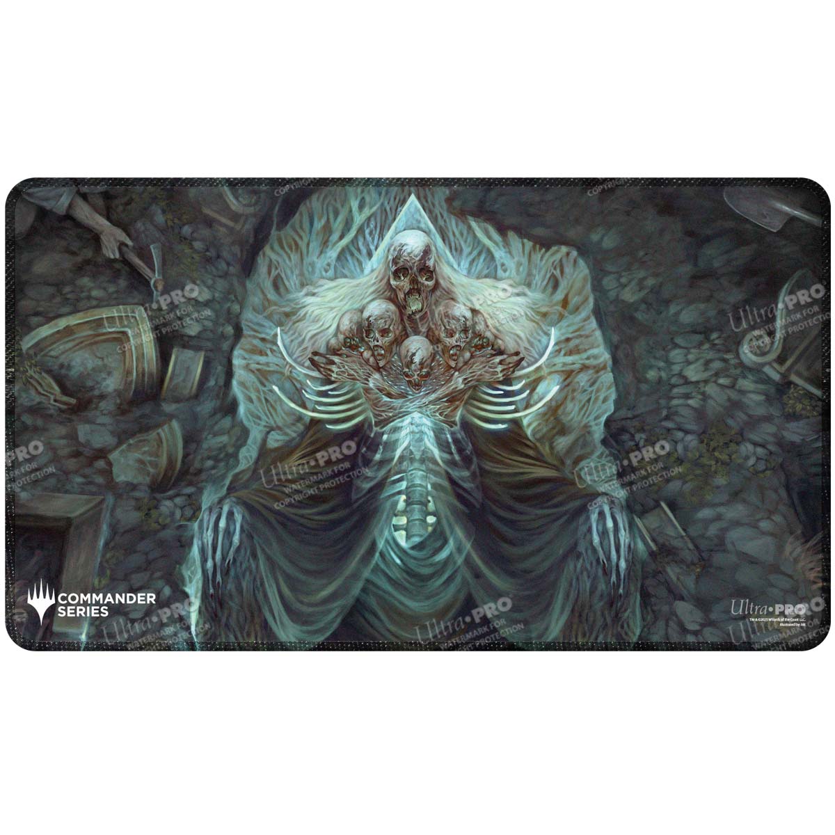 A dark, eerie playmat featuring the Magic: The Gathering character Myrkul, surrounded by skeletal remains and grave-like imagery. Brand: Ultra PRO, Item: Commander Series #5 - Three Color Wedge - Myrkul Stitched Playmat.
