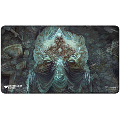 A dark, eerie playmat featuring the Magic: The Gathering character Myrkul, surrounded by skeletal remains and grave-like imagery. Brand: Ultra PRO, Item: Commander Series #5 - Three Color Wedge - Myrkul Stitched Playmat.
