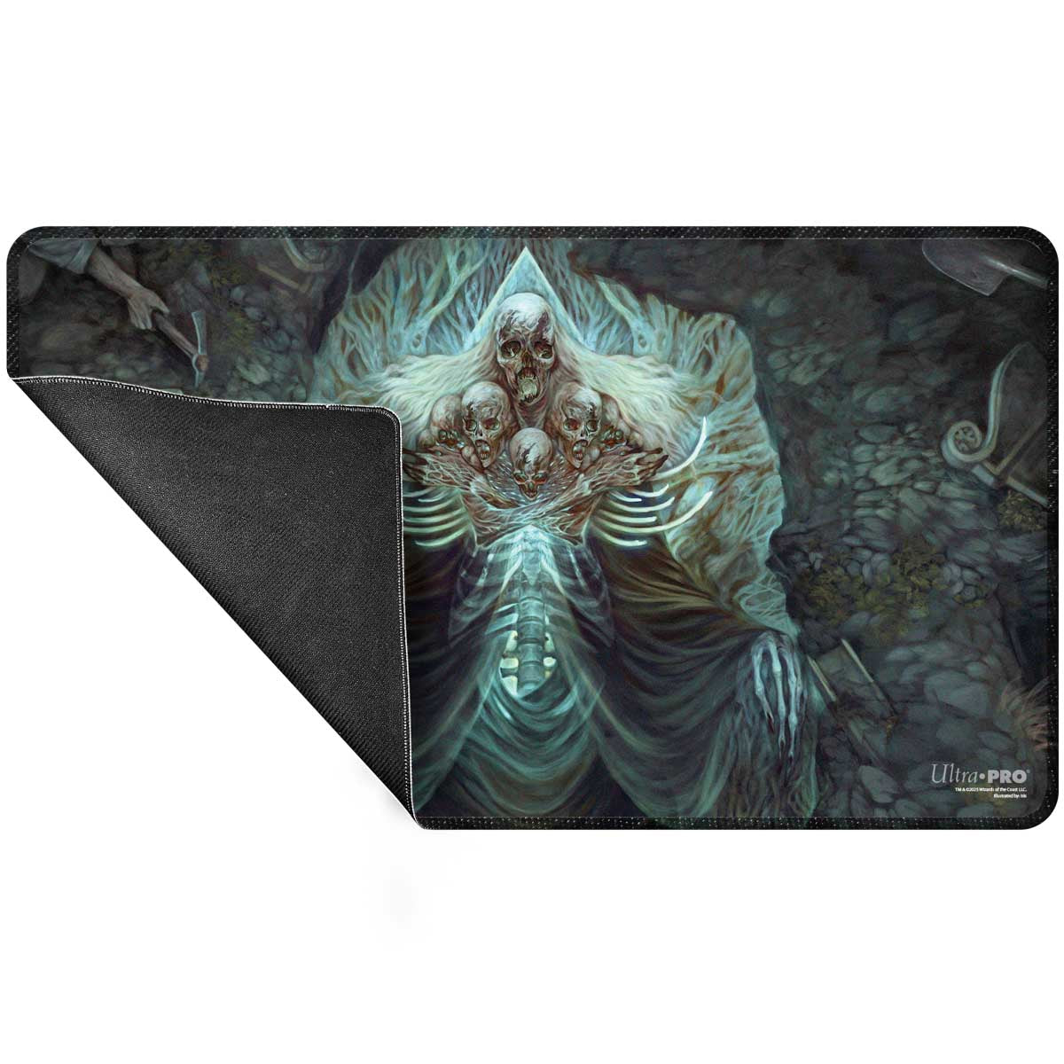 A dark fantasy stitched playmat featuring Myrkul from Magic: The Gathering, with a skeletal figure holding multiple skulls. Brand: Ultra•Pro.