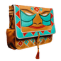 A tan messenger bag with a tribal mask design. Brand: Ultra PRO, Item: Bag of Holding Gamer Book Bag for Dungeons & Dragons