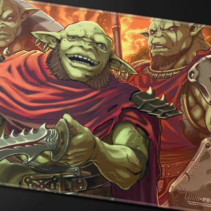 A red and green Krenko Stitched Playmat for Magic: The Gathering.