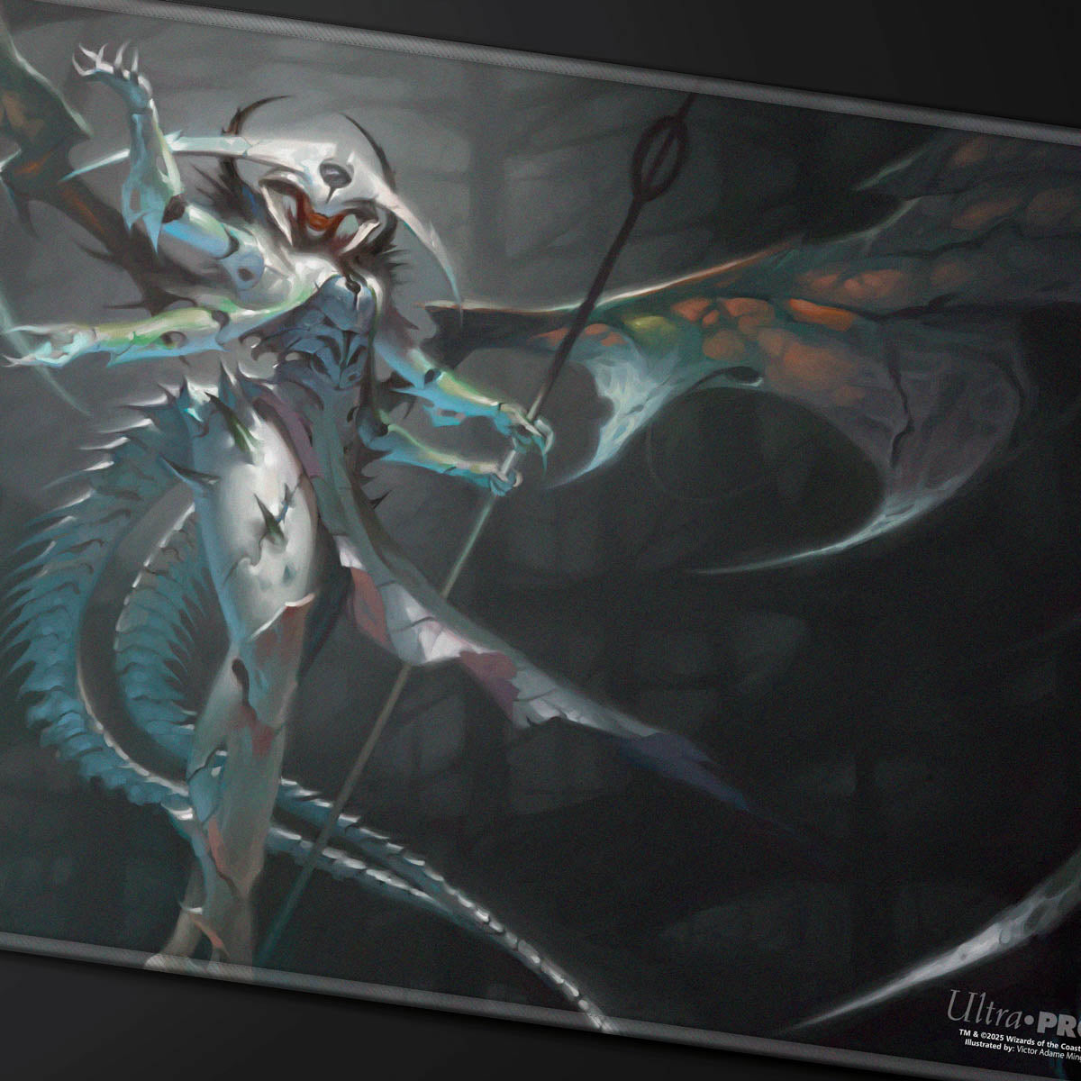 A white and blue dragon-like creature with wings and a staff, on a playmat. Brand: Ultra Pro, Item: Commander Series #6 Atraxa Stitched Playmat for Magic: The Gathering.