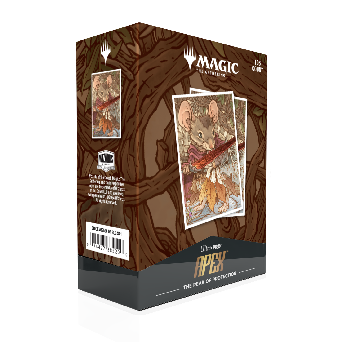 A brown and green Magic: The Gathering Bloomburrow Mabel, Heir to Cragflame 105ct APEX DECK PROTECTOR® Sleeves. Brand: Ultra-Pro, Item: Bloomburrow Mabel, Heir to Cragflame 105ct APEX DECK PROTECTOR® Sleeves.