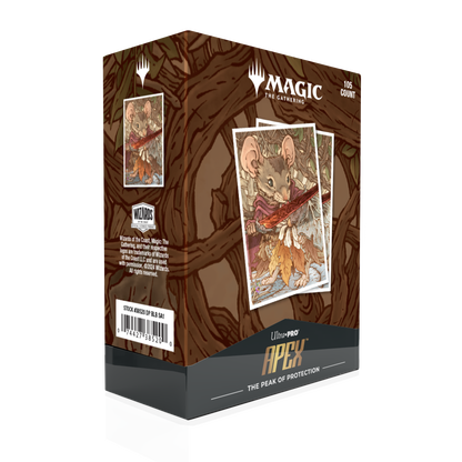 A brown and green Magic: The Gathering Bloomburrow Mabel, Heir to Cragflame 105ct APEX DECK PROTECTOR® Sleeves. Brand: Ultra-Pro, Item: Bloomburrow Mabel, Heir to Cragflame 105ct APEX DECK PROTECTOR® Sleeves.