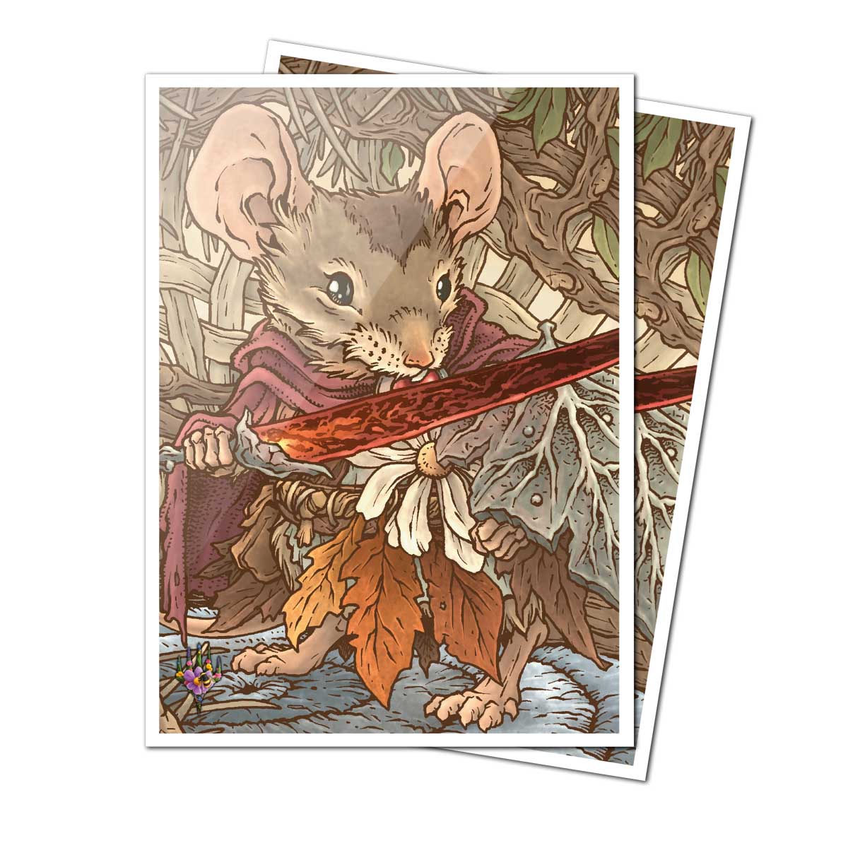 A fantasy art mouse warrior with a red sword, wearing a purple cloak and surrounded by leaves. APEX DECK PROTECTOR® Sleeves.