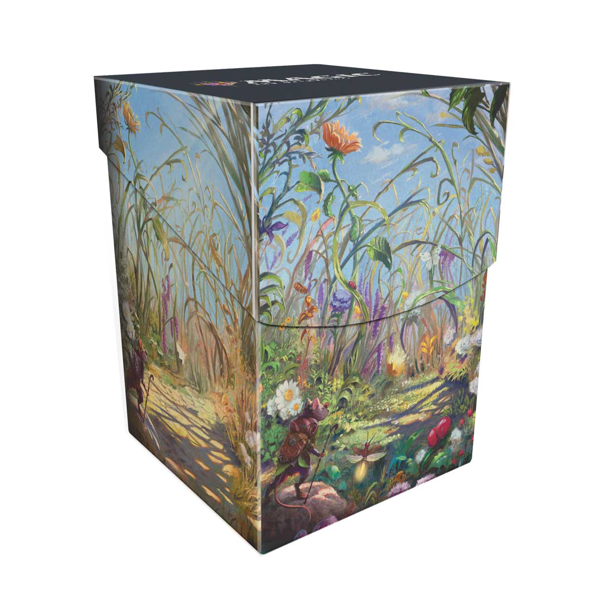 A colorful deck box featuring a summer meadow scene with mice and insects. Brand: Ultra PRO, Item: Bloomburrow Season Lands: Plains (Summer) 100+ DECK BOX® White.