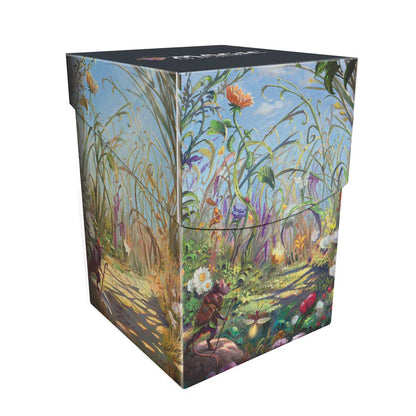 A colorful deck box featuring a summer meadow scene with mice and insects. Brand: Ultra PRO, Item: Bloomburrow Season Lands: Plains (Summer) 100+ DECK BOX® White.