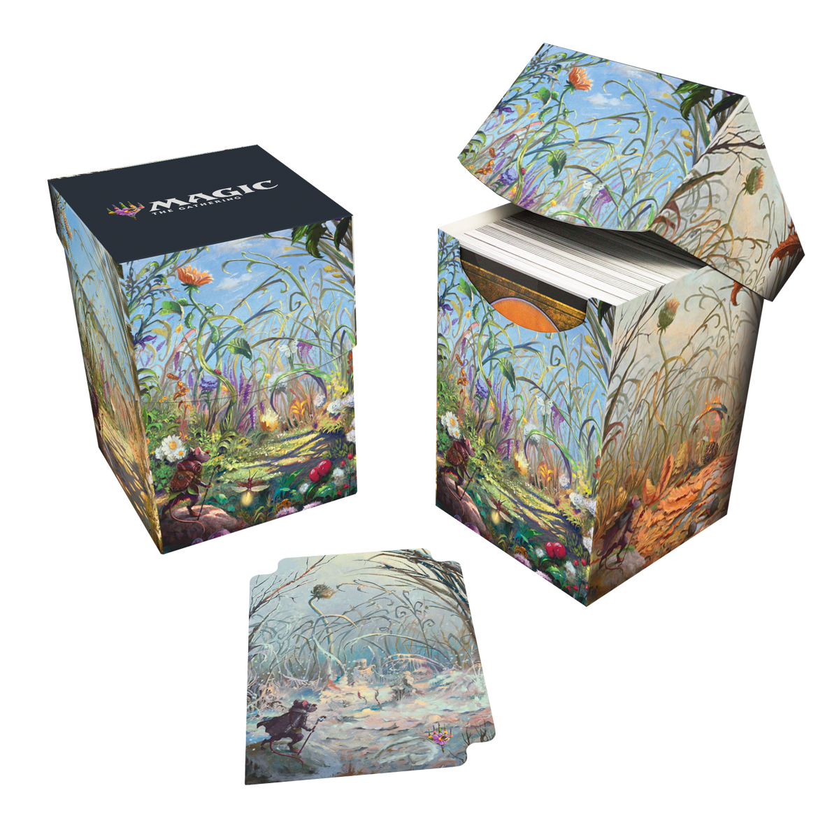 A colorful deck box and card sleeves featuring artwork from Magic: The Gathering's Bloomburrow set. Brand: Ultra PRO, Item: Bloomburrow Season Lands: Plains (Summer) 100+ DECK BOX® White.