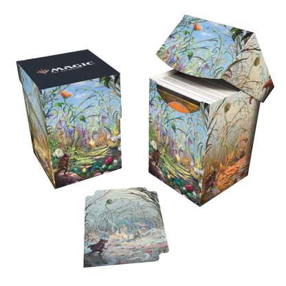 A colorful deck box and card sleeves featuring artwork from Magic: The Gathering's Bloomburrow set. Brand: Ultra PRO, Item: Bloomburrow Season Lands: Plains (Summer) 100+ DECK BOX® White.