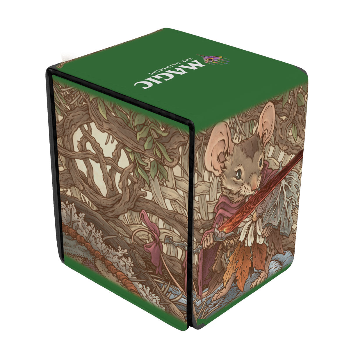 A green Bloomburrow Mabel, Heir to Cragflame Alcove Flip Deck Box for Magic: The Gathering. Brand: Ultra PRO, Item: Bloomburrow Mabel, Heir to Cragflame ALCOVE® Flip DECK BOX® for Magic: The Gathering.