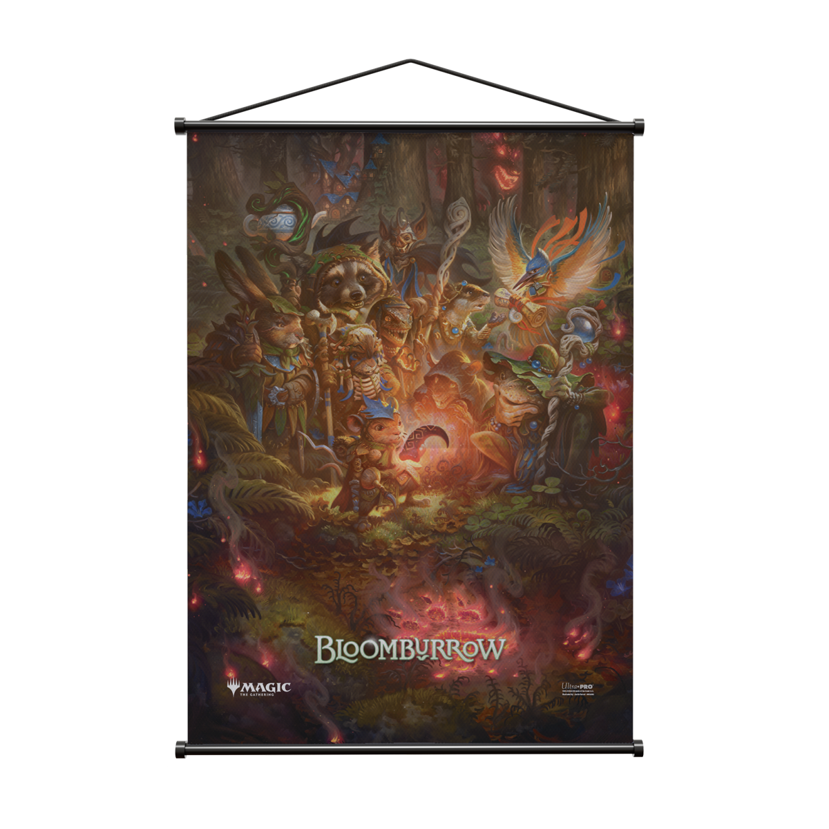 A colorful Magic: The Gathering Bloomburrow wall scroll featuring a gathering of anthropomorphic forest creatures around a glowing light. Brand: Ultra-Pro, Item: Bloomburrow Wall Scroll.