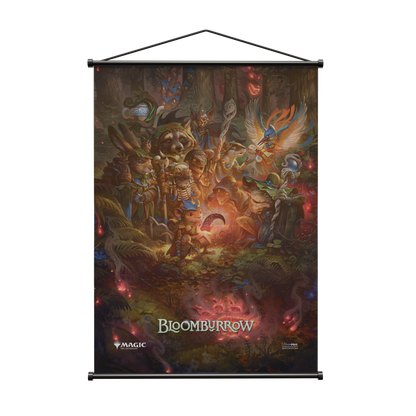 A colorful Magic: The Gathering Bloomburrow wall scroll featuring a gathering of anthropomorphic forest creatures around a glowing light. Brand: Ultra-Pro, Item: Bloomburrow Wall Scroll.