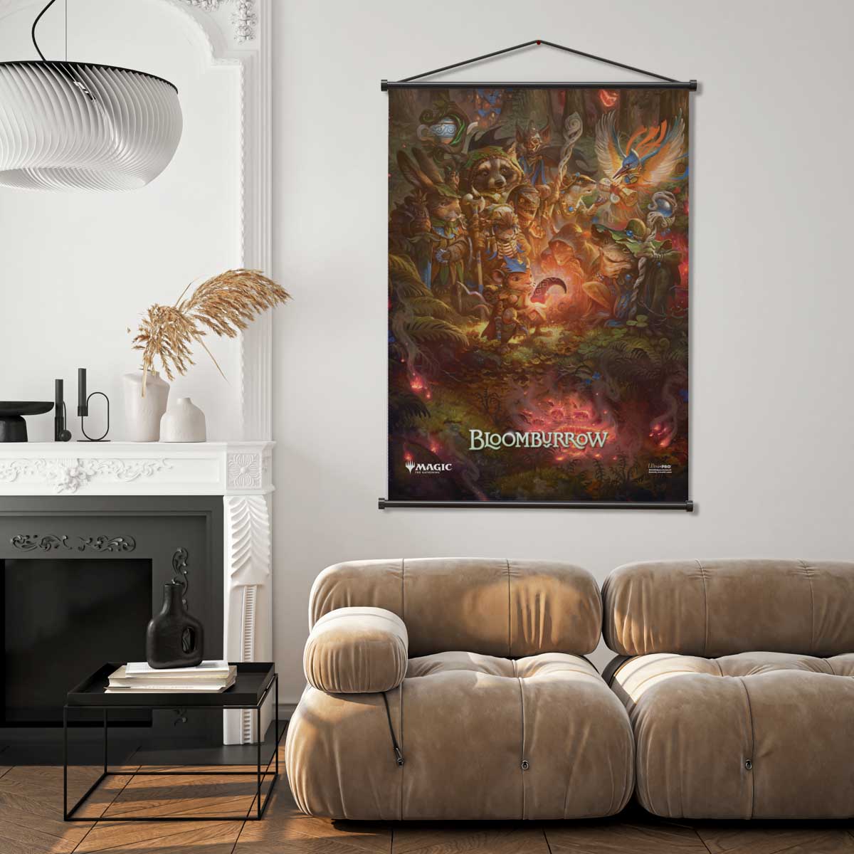 A wall scroll featuring the Bloomburrow artwork for Magic: The Gathering. Brand: Ultra PRO, Item: Bloomburrow Wall Scroll.