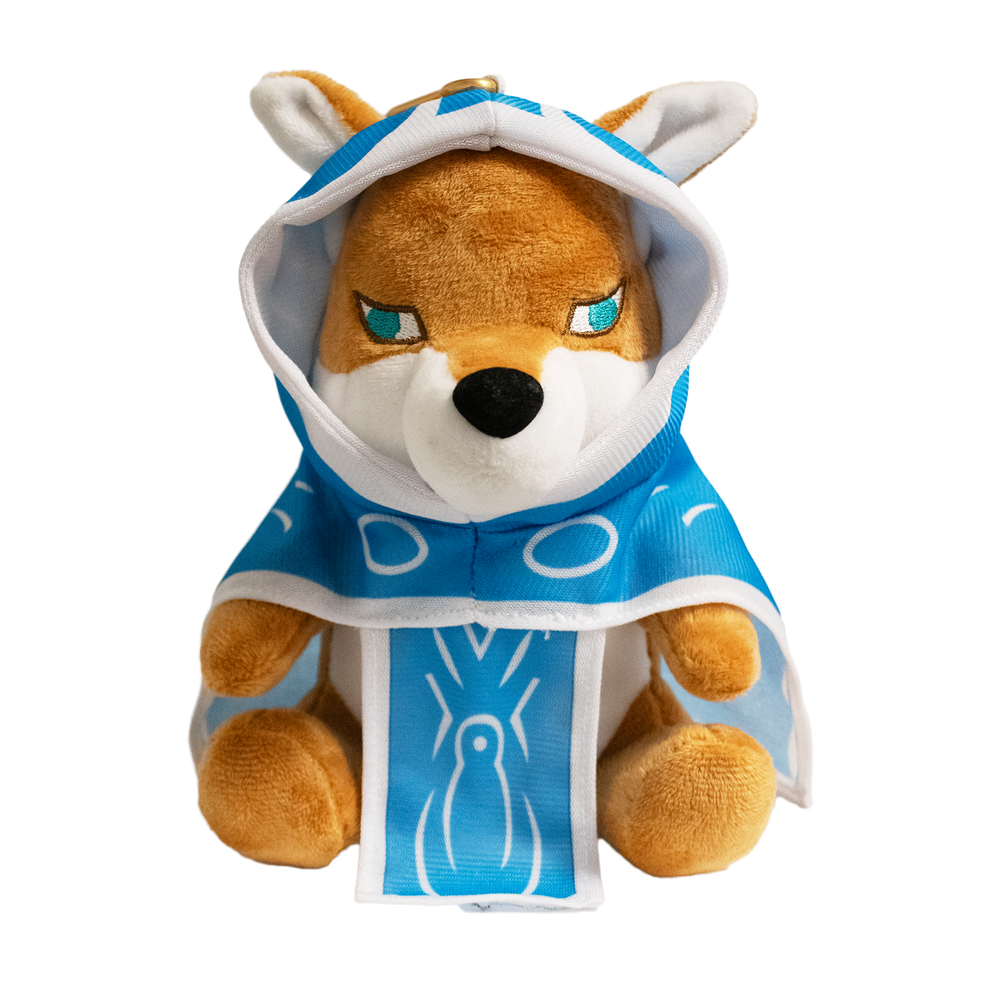 A plush fox wearing a blue hooded robe with white trim and symbols. Brand: Bloomburrow, Item: Fox Jace Gamer Pouch for Magic: The Gathering.