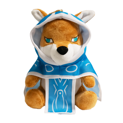 A plush fox wearing a blue hooded robe with white trim and symbols. Brand: Bloomburrow, Item: Fox Jace Gamer Pouch for Magic: The Gathering.