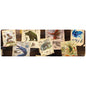 A wooden desk with various illustrated field notes and creature sketches for Magic: The Gathering's Bloomburrow set. Features a bear, a dragon, a snake, a tiger, a bird, a deer, and watercolor creatures. Brand: Ultra PRO, Item: Bloomburrow Calamity Beasts Field Notes 8ft Table Playmat.