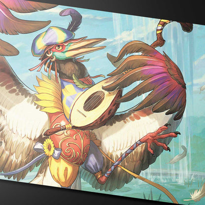 A colorful fantasy bird playing a lute, wearing a hat and ornate clothing, on a playmat. Brand: Unknown, Item: Bloomburrow Zinnia, Valley’s Voice Playmat for Magic: The Gathering.